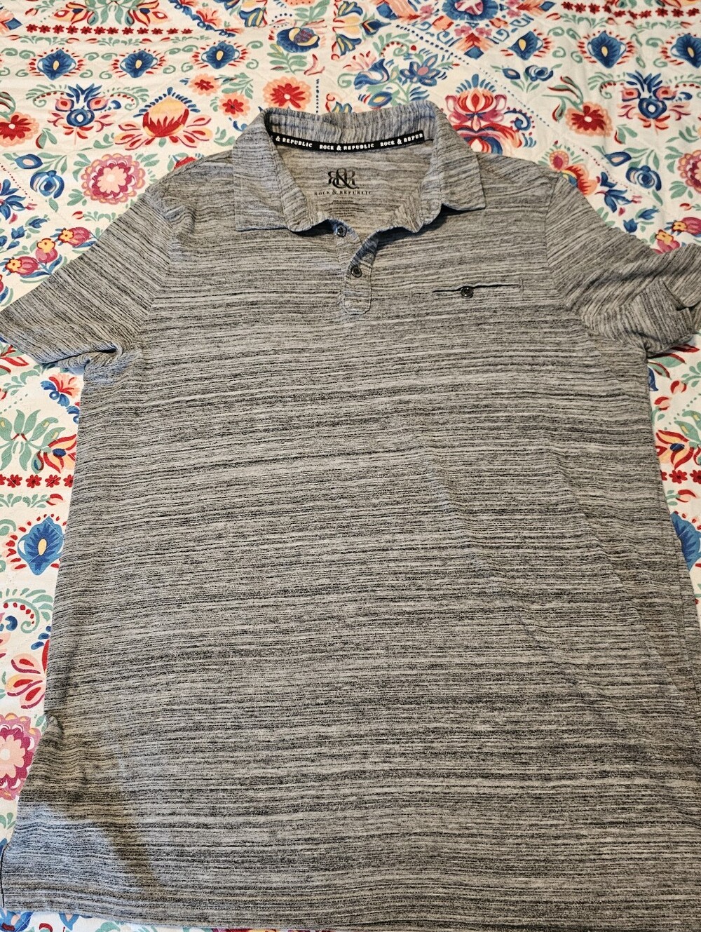 Rock & Republic Mens Large Grey Space Dye Short Sleeve Polo Shirt